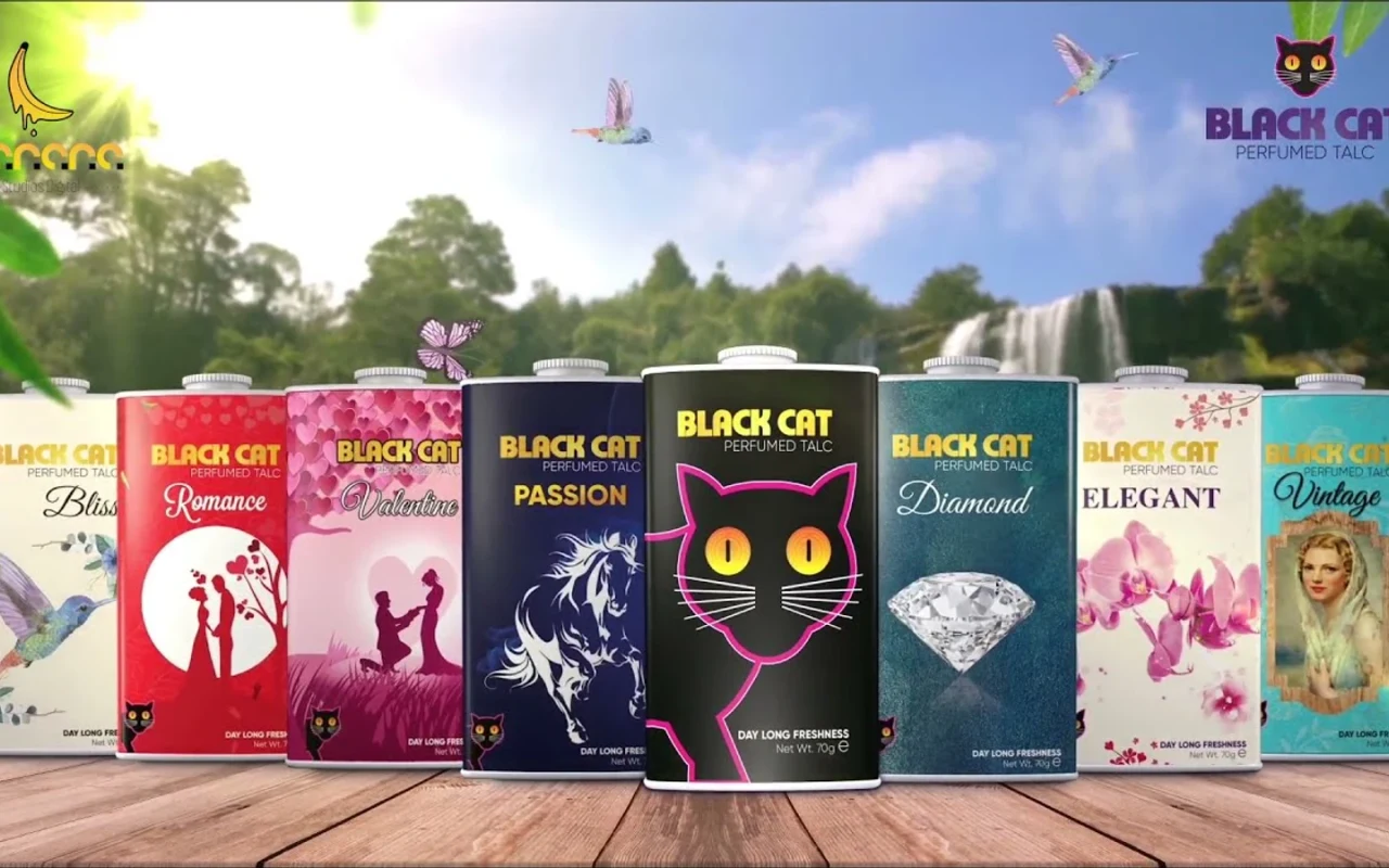 Black Cat Perfumed Talc 3D product commercial presentation