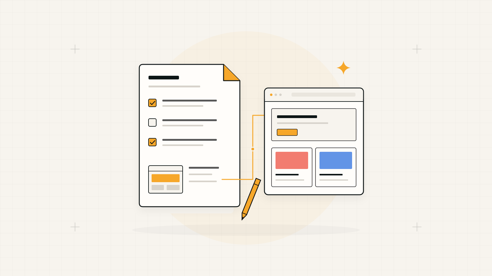 Illustration of a website planning document beside a browser wireframe